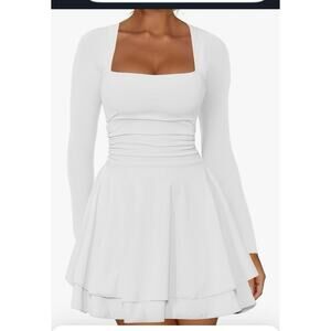 Kaximil Women's Square Neck Ruffle Hem Ruched Waist Long Sleeve Mini Dress Med